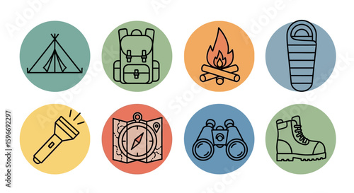 Collection of outline icons depicting camping and outdoor gear.