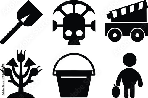 Shovel skull clapperboard tree bucket person vector