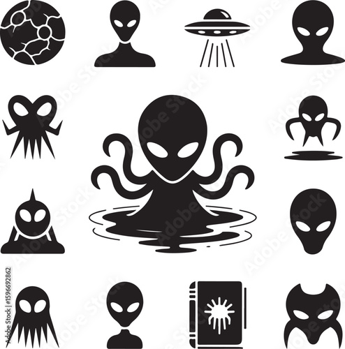 Alien, Icon, Set, Space, UFO, Sci-fi, Monster, Extraterrestrial, vector, silhouette