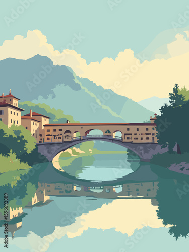 Bassano del Grappa, Italy – Wooden Ponte Vecchio over Brenta in chestnut brown, river green reflections, mountain gray, sky blue, and golden light
