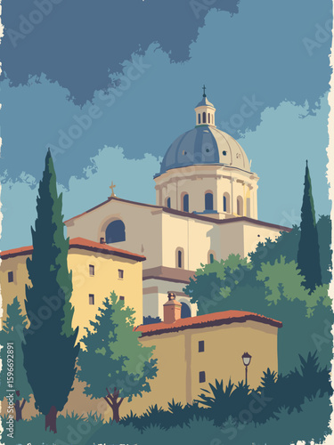 Saronno, Italy – Cathedral dome in dome gray, pastel yellow walls, olive green trees, twilight blue sky, and amber lamps in a watercolor style