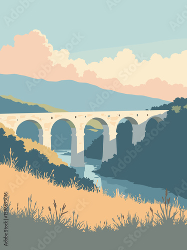 Avezzano, Italy – Fucino aqueduct arches at dawn in limestone white, sky blue haze, olive drab grasses, peach highlights, and gray-green hills