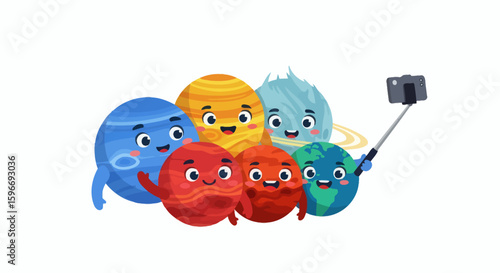 Cartoon planets taking a selfie