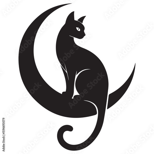 Mysterious black cat silhouette perched gracefully on a crescent moon against a textured dark background evoking magic and night