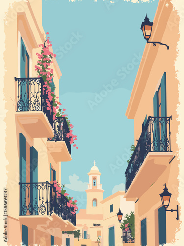 Martina Franca, Italy – Baroque balconies in cream white, peach pink garlands, iron black railings, sky blue overhead, and amber lanterns