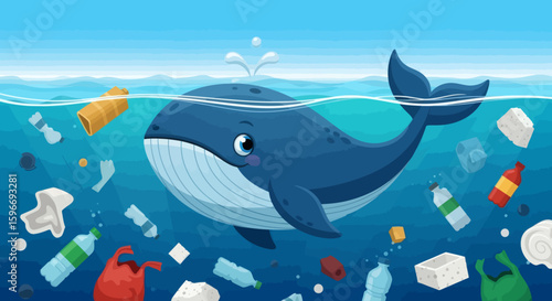 Cartoon whale swimming in polluted water with plastic bottles and debris
