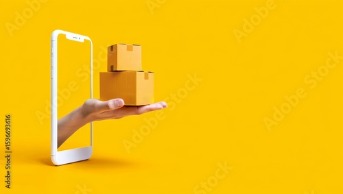 Online shopping and express delivery service concept. A hand holding cardboard boxes emerges from a smartphone screen on a yellow background