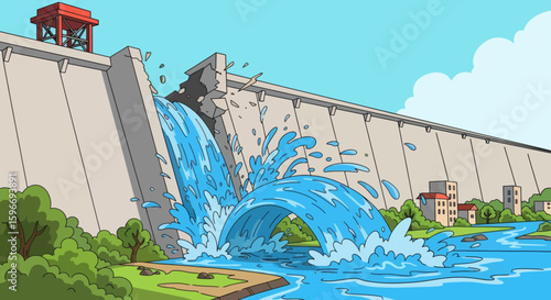 Dam with water gushing out of a broken section buildings in background