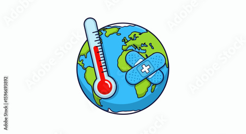 Earth with thermometer and bandages symbolizing environmental issues