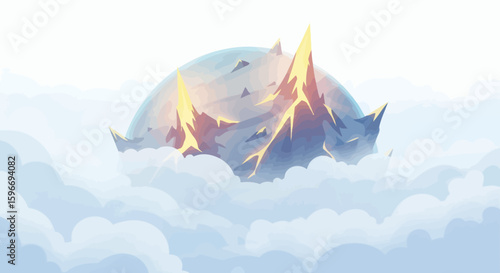 Floating island with sharp peaks partially surrounded by clouds