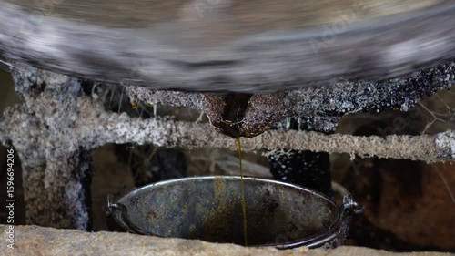 A traditional method of extracting oil featuring a cold press method, commonly used for producing oils such as mustard oil
