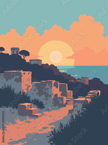 Ercolano, Italy – Herculaneum ruins and frescoed walls at sunset in ash gray, terracotta orange, volcanic black, and Mediterranean blue