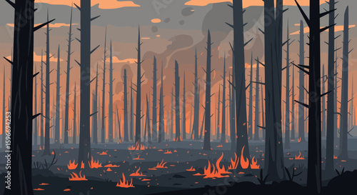 Forest on fire with burnt trees orange flames and a smoky sky