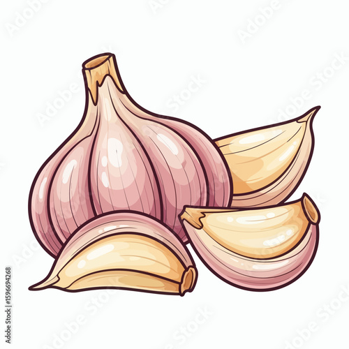 Garlic bulb and three cloves illustration with purple and yellow hues