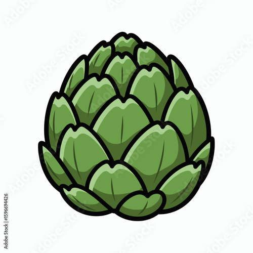 Green artichoke with thick black outline layered petals