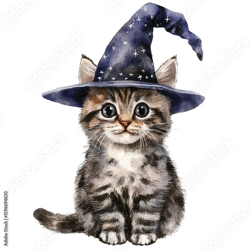 Watercolor Kitten Portrait Wearing a Starry Midnight Blue Wizard Hat