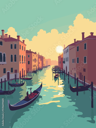 Venice, Italy – Grand Canal with gondolas at dawn in emerald green, gondola black, Venetian red, and golden light