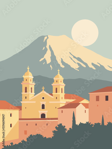 Acireale, Italy – Baroque churches with Mount Etna backdrop in ash gray, lemon yellow, peach, and terracotta
