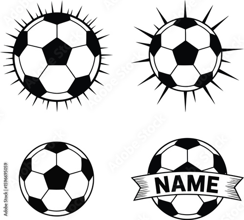 Set of soccer ball icons. Black and white football logo templates with spiky effects and a customizable name banner. Vector sports emblems for teams and clubs.
