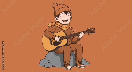 Cartoon Boy Playing Guitar Sitting on a Rock in Winter Clothing
