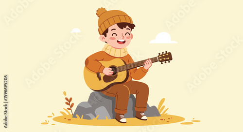 Cartoon Boy Playing Guitar Sitting on a Rock in Winter Clothing