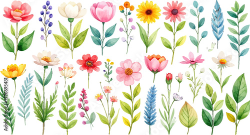 Floral watercolor design with bright flowers and leaves. Colorful hand-painted flowers and botanical elements. Fresh spring flowers in watercolor style artwork. Elegant watercolor florals