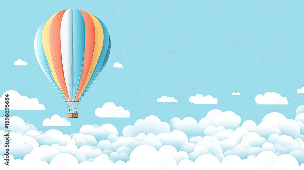 Naklejka premium Colorful Hot Air Balloon Soaring Above Fluffy White Clouds in a Pastel Blue Sky