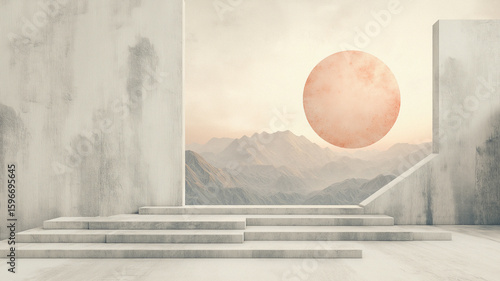 Surreal Minimalist Interior With Abstract Pink Sun Over A Mountain Landscape