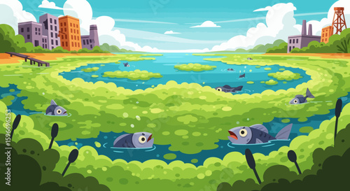Polluted water with dead fish cattails and industrial buildings