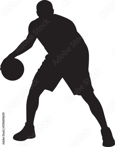 Black silhouette of a basketball player dribbling white