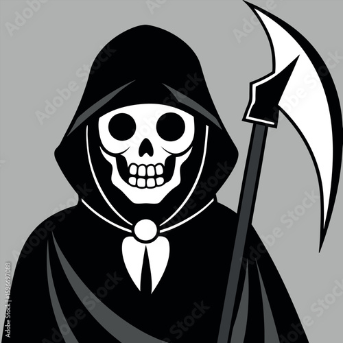 Cartoon grim reaper holds scythe with white skull on gray background for death