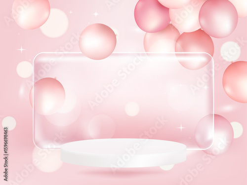 Transparency glass banner label with 3D pink pastel balloon. Discount offer tag with shiny, glossy, reflective surface.