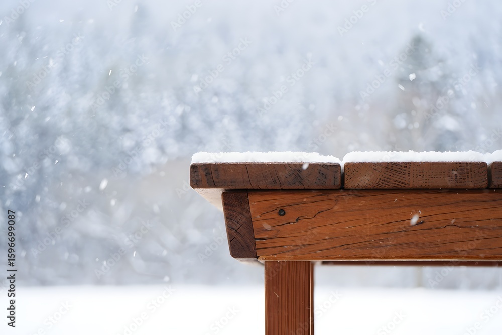 Fototapeta premium Rustic Wooden Tabletop Snowfall Winter Scene: Serene, Cold, Peaceful Atmosphere