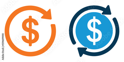 Money Refund and Return Icon Set – Dollar Symbol with Circular Arrows for Finance and Investment Vector