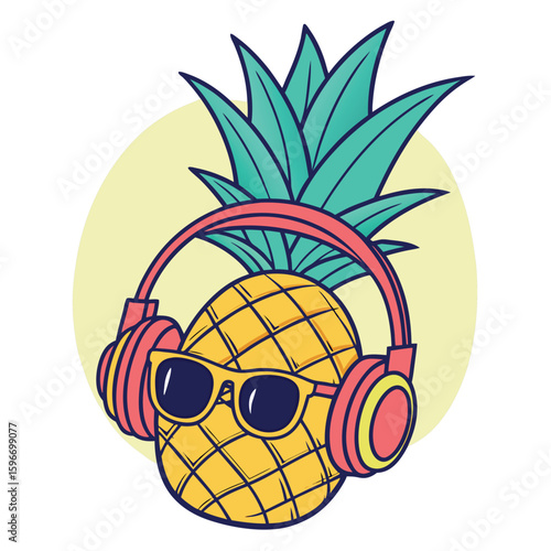Pineapple with sunglasses and headphones enjoys its music on a white background