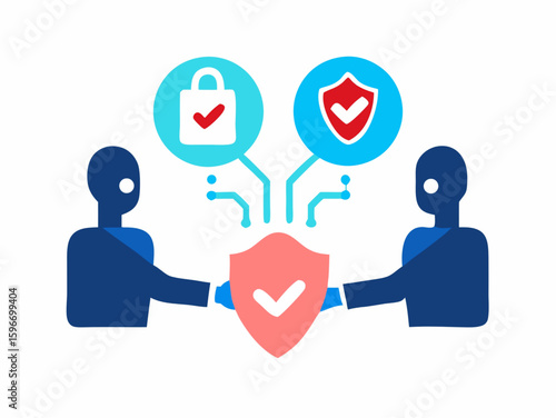 Secure Padlock Handshake Concept, Prover Verifier With Node Lines, Violet And Metallic Symbol