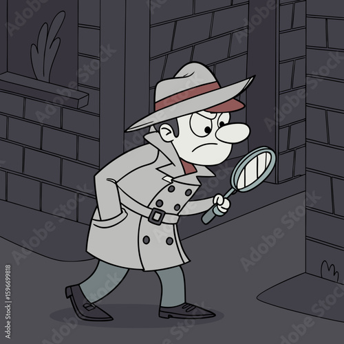 Cartoon Detective with Magnifying Glass Investigating Dark Alley