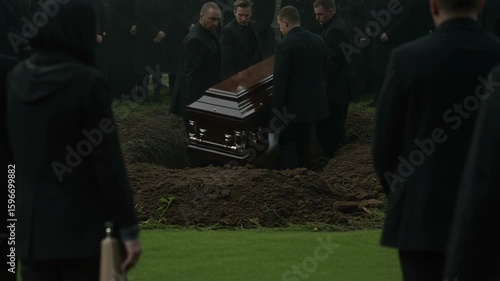 Funeral ceremony showing a wooden coffin being lowered into grave. This funeral ceremony is somber, attended by mourners in black attire, standing in respect and grief.