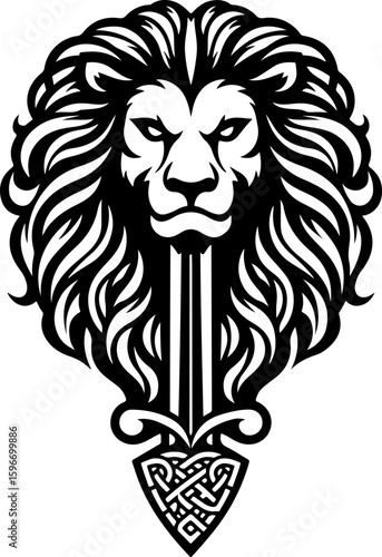 : Majestic Lion with Sword art vector tattoo design