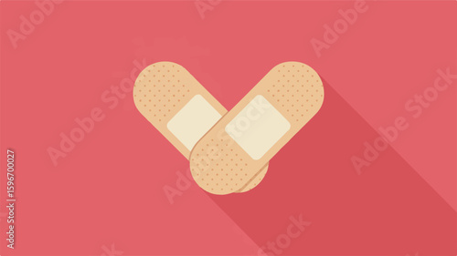 Two beige adhesive bandages forming a heart shape on a pink background
