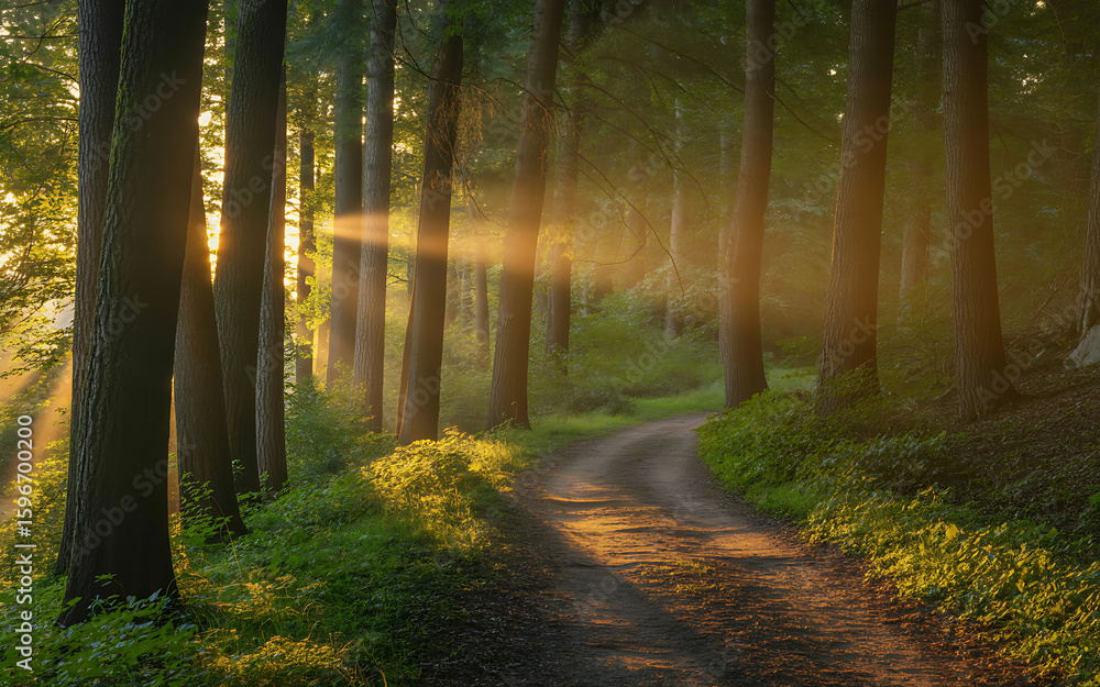Naklejka premium Morning forest path with sunlight filtering through misty trees and green foliage