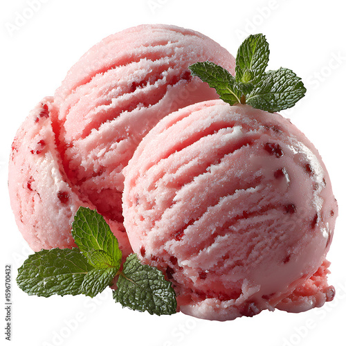 Twin strawberry ice cream scoops with fresh mint leaves gently tipping forward, surface ripples and cold texture emphasized by rim lighting, isolated on transparent background. --v 7.0 --s 250 --raw