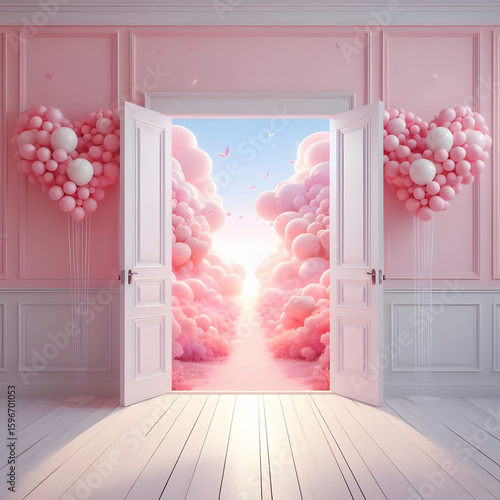 An open white door reveals a room filled with pink balloons.