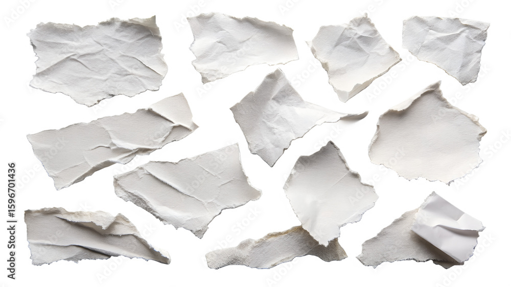 Obraz premium A collection of torn and crumpled paper scraps scattered against a plain transparent background