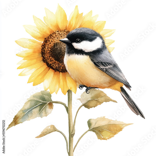 Watercolor Painting of a Chickadee Perched on a Sunflower in Full Bloom