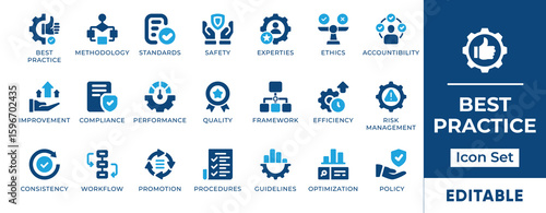 Best Practices Icon Set. Features icons for workflow, performance, standards, protocols, and improvement. Perfect for business, training, and process design.