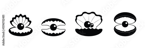 Set of black pearl oyster shells icon collection. Seashells pearls symbol.