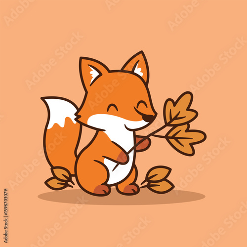 Cute autumn fox holding fall leaves, in flat cartoon style with outline, on warm background.