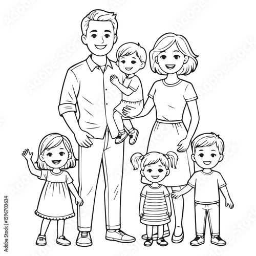 Vector art of a happy family of six is smiling in this black and white line drawing