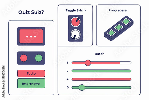 Illustration of a quiz interface with buttons, switches, progress bar, and sliders on a white background